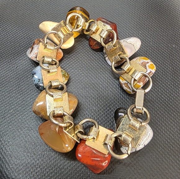 Chunky Natural Stone Nugget Bracelet 6.5” | Jasper Agate Tiger’s Eye - Picture 5 of 8